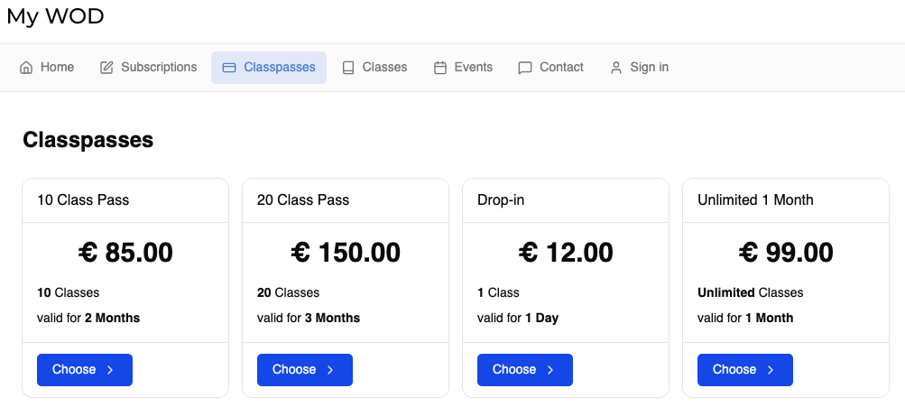 Classpasses — client-facing pricing view